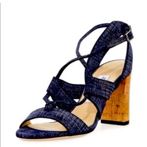 Jimmy Choo Margo Cork-Heel Denim Lace up Sandals Size 10.5-11 US EU41